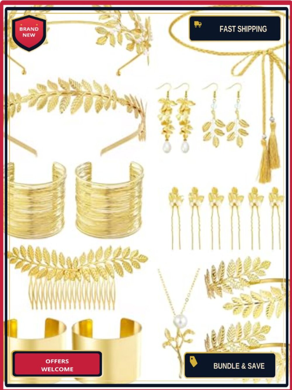 FEYIR Greek Goddess Costume Accessory Set Leaf Crown Toga Belt Jewelry